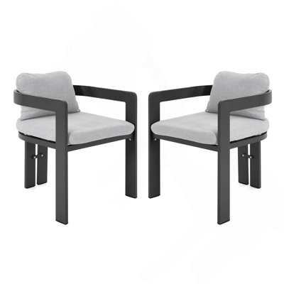 Chaise de salle à manger d'extérieur en aluminium, ensemble de 2, finition noire avec coussin gris