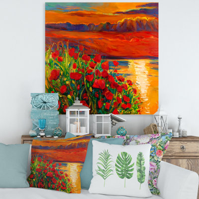 Coquelicots rouges par l'océan pendant le coucher du soleil - Peinture sur toile