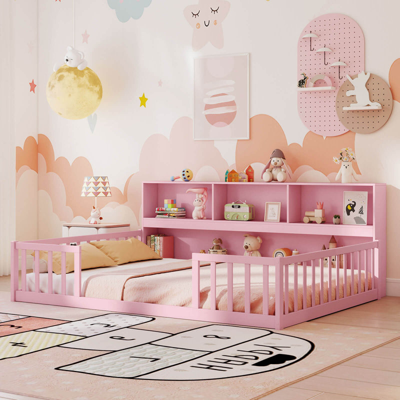 Lit double sur pied Montessori avec étagères de rangement et barrière de sécurité, Full, Rose