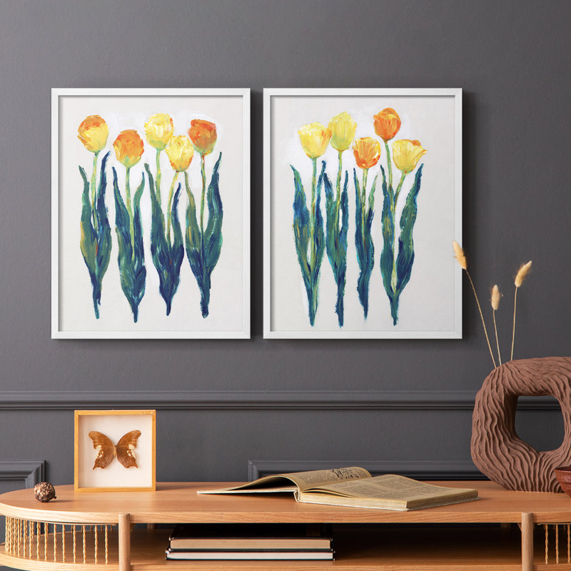 Tulipes en rang I - reproduction encadrée de qualité supérieure - prête à être accrochée - aucun clou requis - aucun clou requis