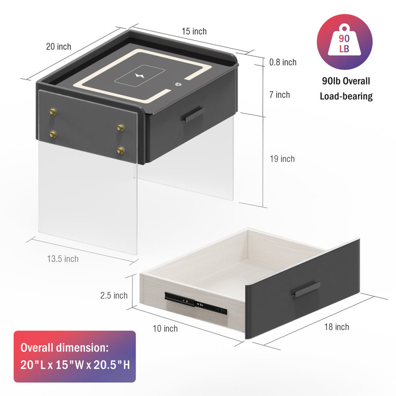 Smart Nightstand With Wireless Charging, Bluetooth Speaker & Led Light