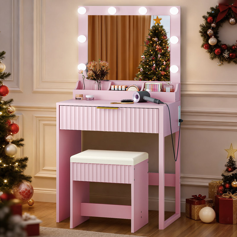 Ensemble de coiffeuse - 1 tiroir et 3 compartiments, 8 ampoules à intensité variable, Rose