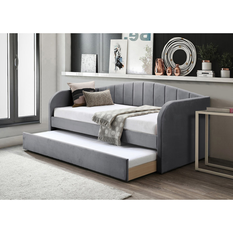 Lit de jour de style moderne 1 pièce avec couchette, lattes et tissu de velours pour un confort et une élégance ultimes, Gris