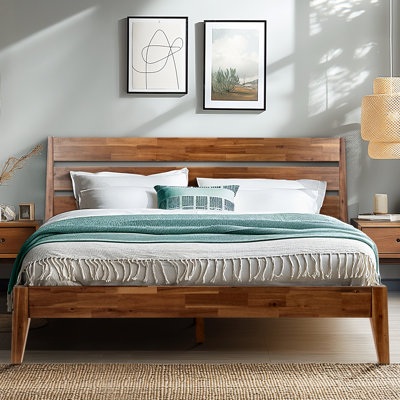 Structure de lit en bois massif de qualité supérieure Acacia Christoper, lit plateforme avec tête de lit inclus, lit en bois de style Mid-Century moderne, aucun sommier requis, convient à tous les matelas