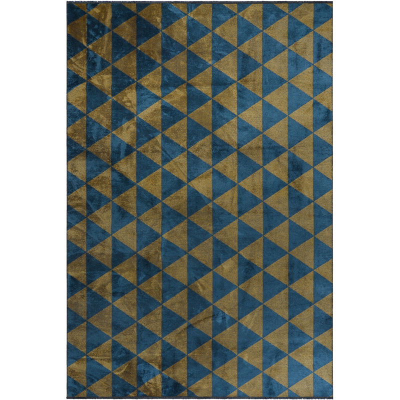 Rapture Geometric Cotton Gold/Teal Blue Area Rug, Rectangle 7'10" x 9'10"