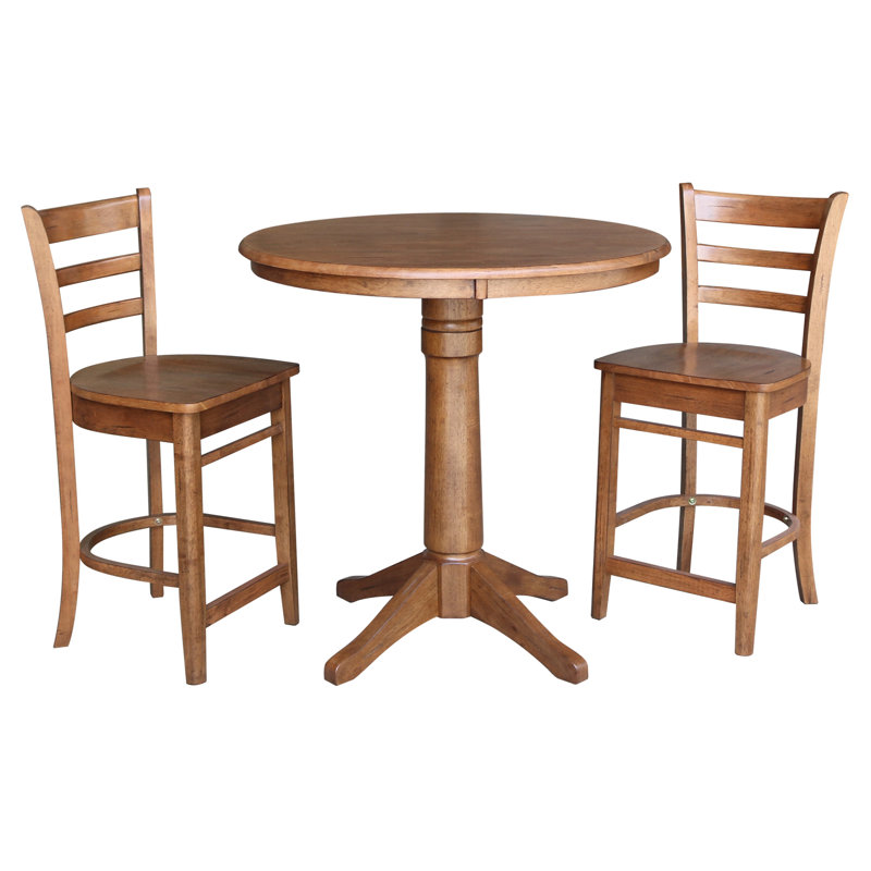 Solid Wood Round Pedestal Table with 2 Counter Height Stools