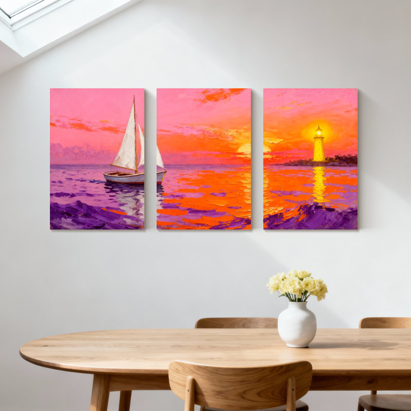 Nautique voilier coucher de soleil phare océan vagues ciel couleurs ensemble de 3 impressions d'art sur toile