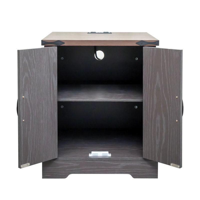Table de bout Farmhouse avec station de charge, table de chevet en bois rustique avec tablette réglable, table d'appoint polyvalente en noyer de 19,6 po avec portes de grange et charnières rétro pour chambre à coucher