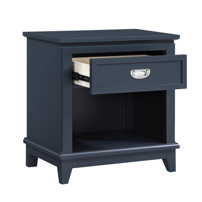 Table de chevet, tiroir et tablette bleu marine classique, aucun assemblage requis pour la décoration de chambre à coucher avec rangement inférieur