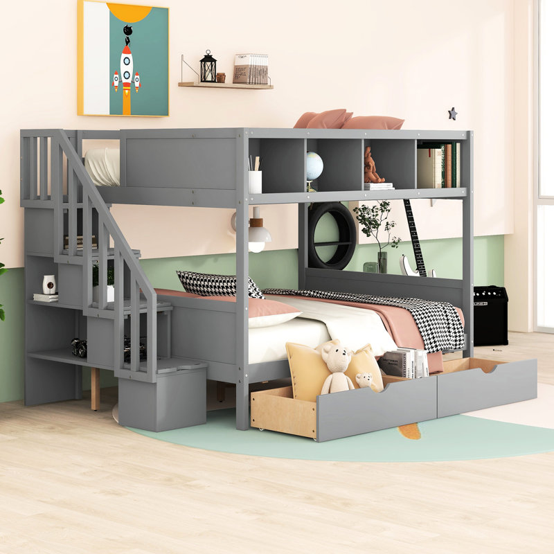 Lit superposé simple au-dessus d'un lit double gris avec tablettes, 2 tiroirs et rangement - Maximisez la fonctionnalité de la chambre à coucher et de l'escalier