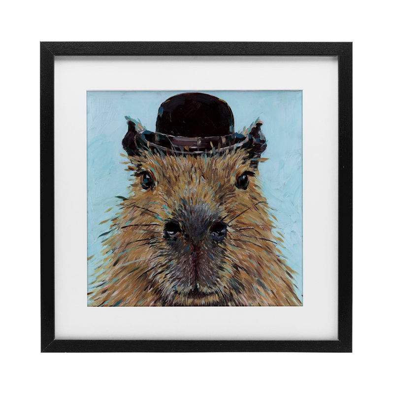 Gros plan Capybara avec chapeau, reproduction sous verre, design par Studio Bautista, H 13 po x l 13 po, Cadre noir minuit