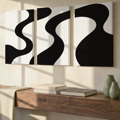 3 pièces, exotique, ruban organique noir, triptyque, minimaliste, grand art mural ivoire, décor sur toile pour le salon, la chambre à coucher et le bureau