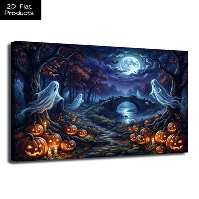Halloween Enchanted Forest with Ghosts & Glowing Jack-O'-Lanterns Canvas Wall Art - Gallery Wrap Canvas with Solid Wood Inner Frame, Ready to Hang
