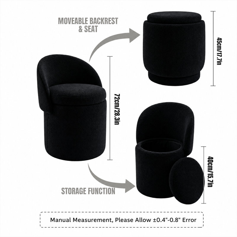 Tabouret de coiffeuse rembourré avec rangement et dossier pliable, repose-pieds cylindrique, tabouret d'appoint pour la chambre à coucher, le salon, la salle de maquillage, le vestiaire