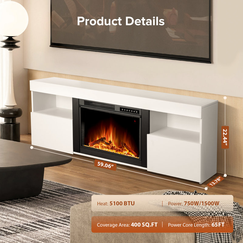 TV Stand for TVs up to 60" with Electric Fireplace with Remote Control,Adjustable Real 3d Flame Brightness, White