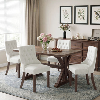 Deep Button Tufted Barrel Back Dining Chairs，Linen Fabric Cushion, Natural Rubberwood Legs