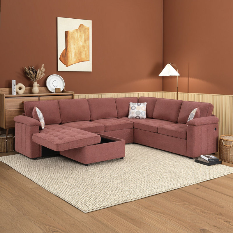 Canapé d'angle en forme de U avec méridienne de rangement dissimulée, ports USB et 3 coussins décoratifs imprimés, Rouge