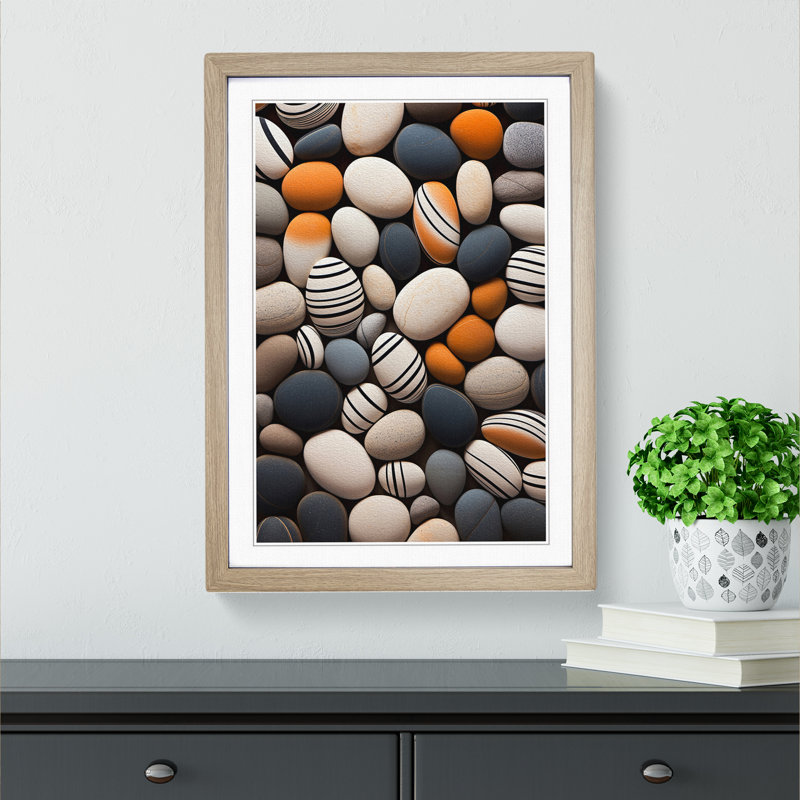 Pebbles Op - Single Picture Frame Print on Wood, Oak Framed, 64cm H x 46cm W x 2cm D