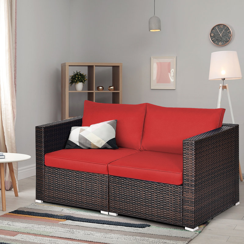 Causeuse en osier de 59 po de largeur avec coussins, Rouge