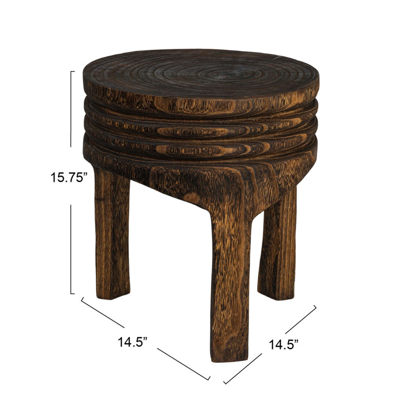 Paulownia Wood Carved Stool, Dark Brown