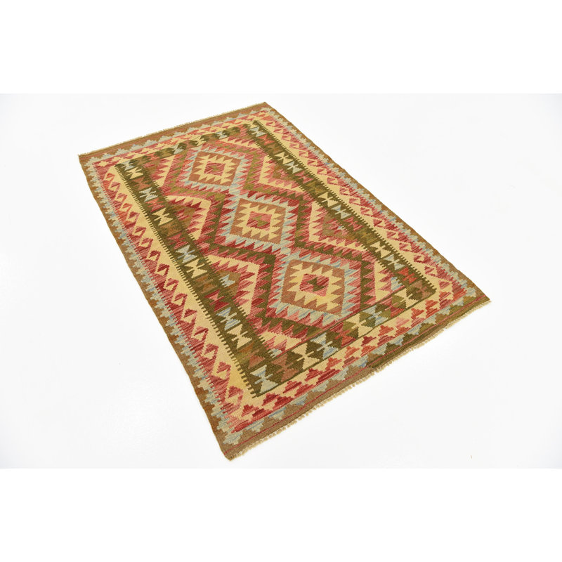 Tapis de zone en laine vert/beige/rouge 3 pi 3 po x 4 pi 10 po one-of-kind à la main noué la Doorfield