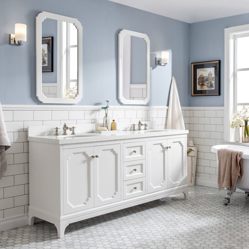 Bernardo Queen 72" Sink Carrara Quartz Countertop Bath Vanity with Faucet, Pure White, Hook