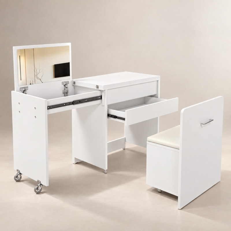 Coiffeuse-lit avec miroir et tabouret de rangement