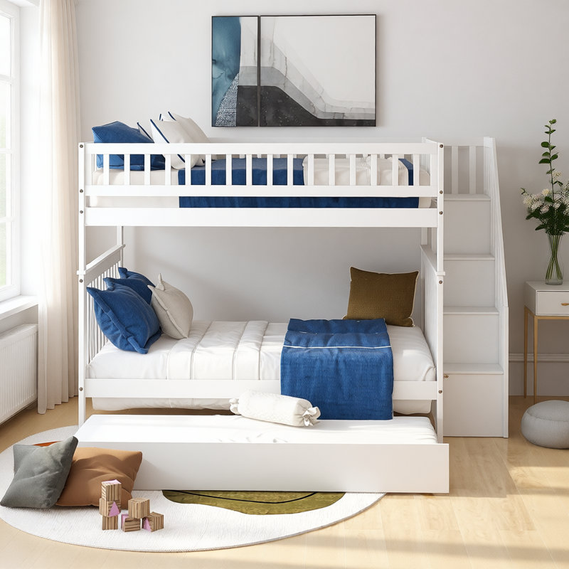 Lit superposé double au-dessus de double avec lit gigogne et escalier, conception convertible 3 en 1 en bois massif avec tablettes de rangement intégrées et garde-corps de sécurité