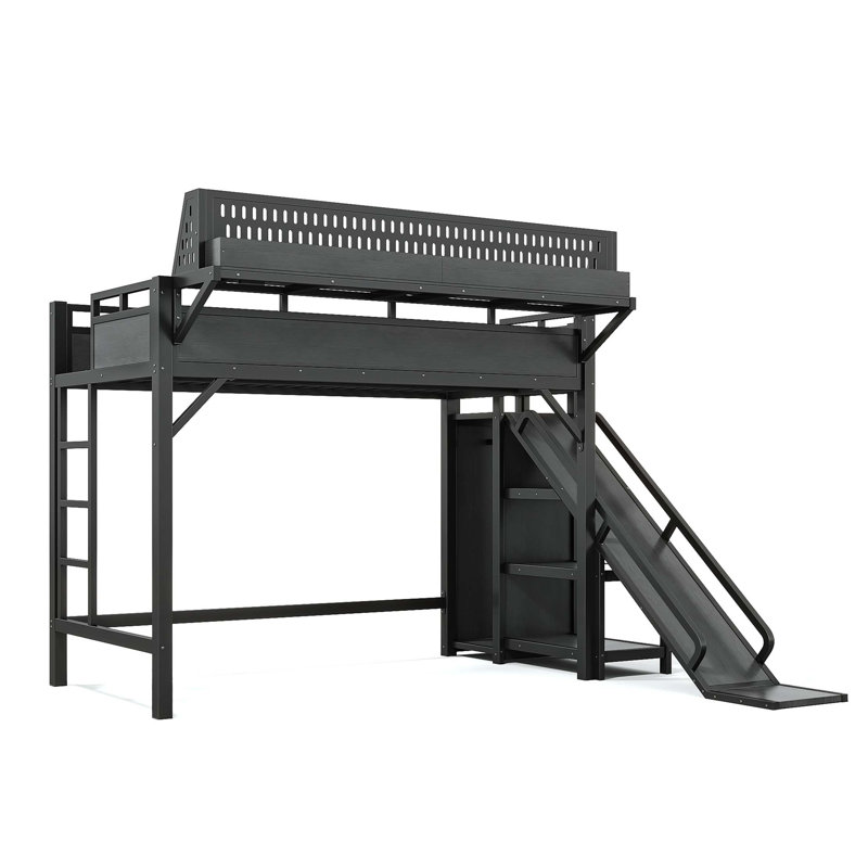 Lit mezzanine multifonctionnel avec glissade intégrée et système de rangement intelligent, Noir