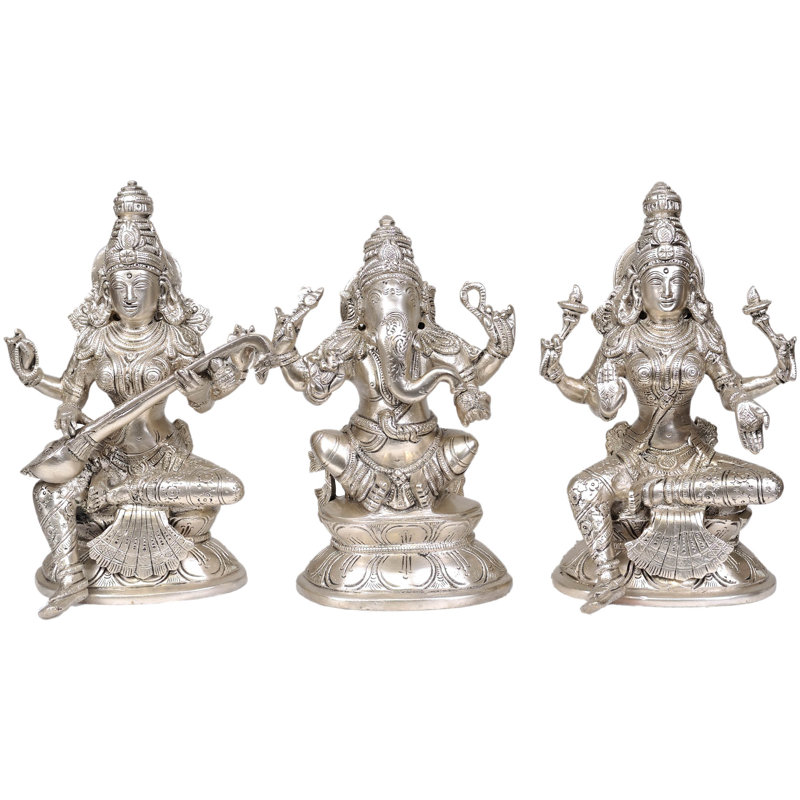 Statue de la Trinité en laiton fabriquée à la main - Saraswati, Ganesha et Lakshmi - divinités de bon augure de 8 po pour l'autel, le salon et les cadeaux