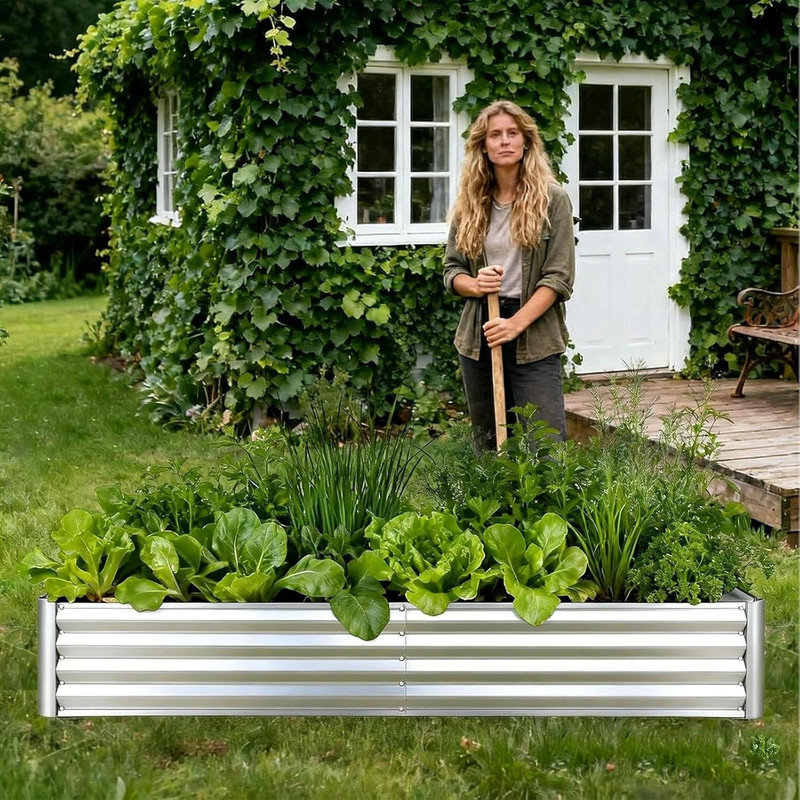 6-8 FT Raised Garden Bed with Greenhouse Cover, Galvanized Metal Planter Box with Screen Windows, 12" H x 72" W x 34" D