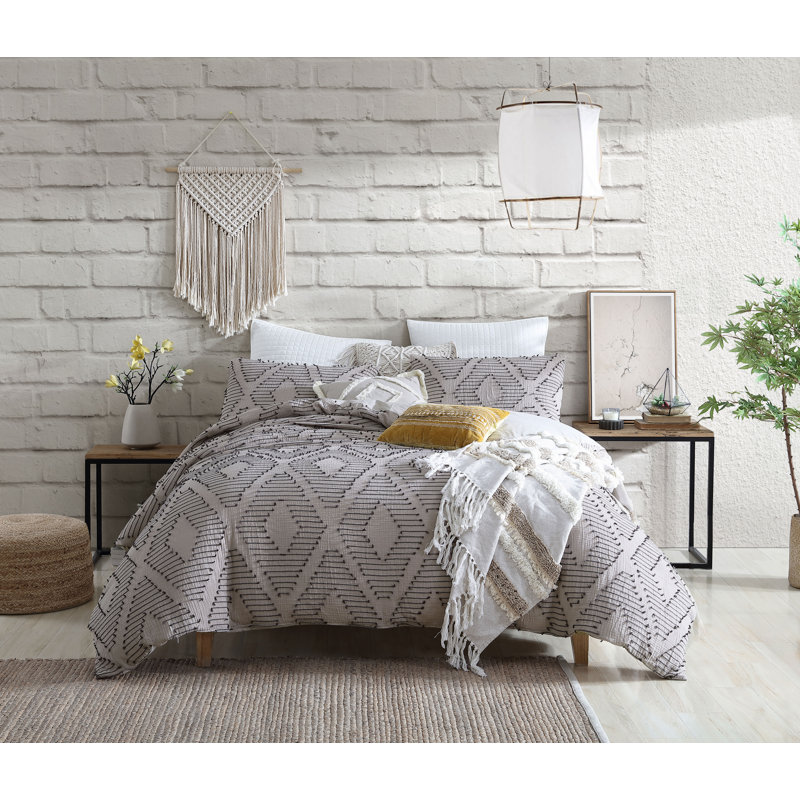 Puyuma 100% Cotton Diamond Clip Jacquard 5-Piece Comforter Set, Full/Queen Comforter + 2 Shams + 2 Throw Pillows, Taupe