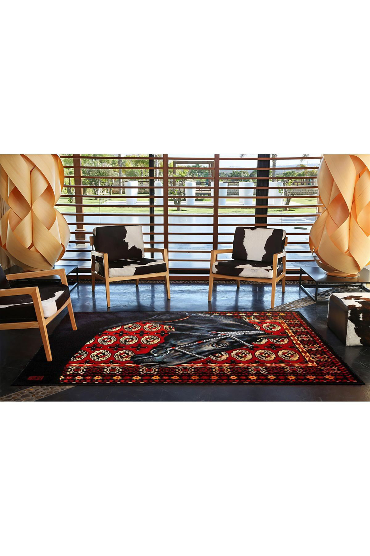 Red Animal Rug Bungalow Rose Washable Traditional Animal Red Toned Horse Animal ...