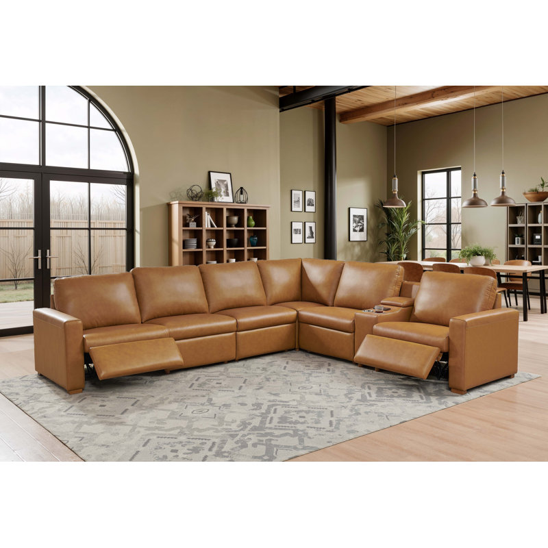 132" W Hudson Recliner Leather-Matched Sectional, Yellow Leather Match
