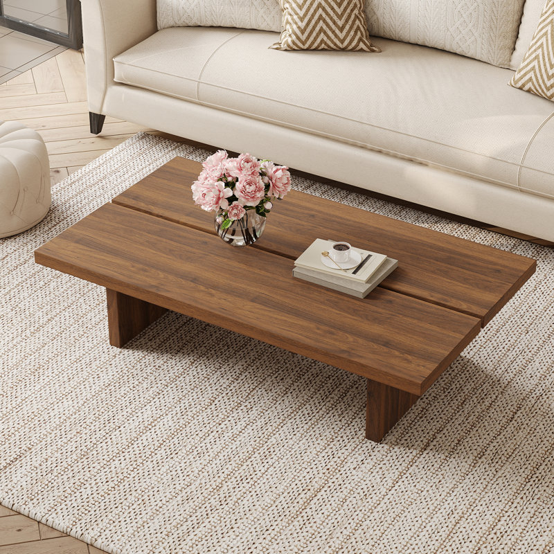 Modern Wood Coffee Table, Rectangler Sled Coffee Table for Livingroom, 12.6" H x 47.24" W x 23.62" D, Brown