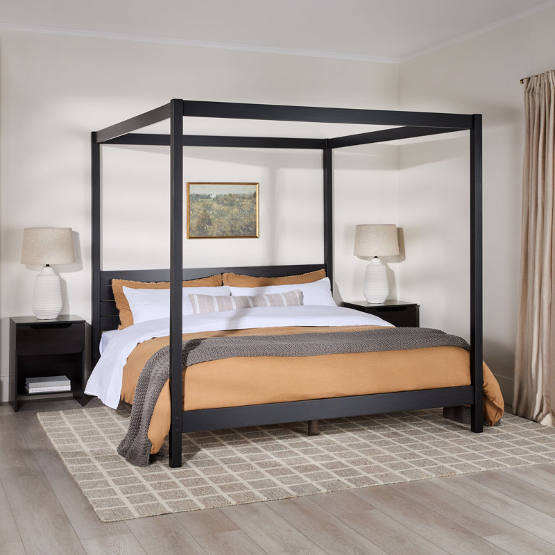 Hanhalyn Solid Wood Canopy Bed, Black, King