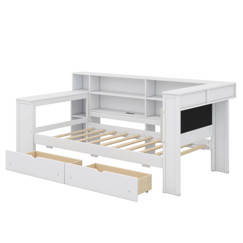Streamlined Bed With Storage Racks, Drawers, Power Charging Outlet, LED Illumination, And Workstation, Twin, Beige