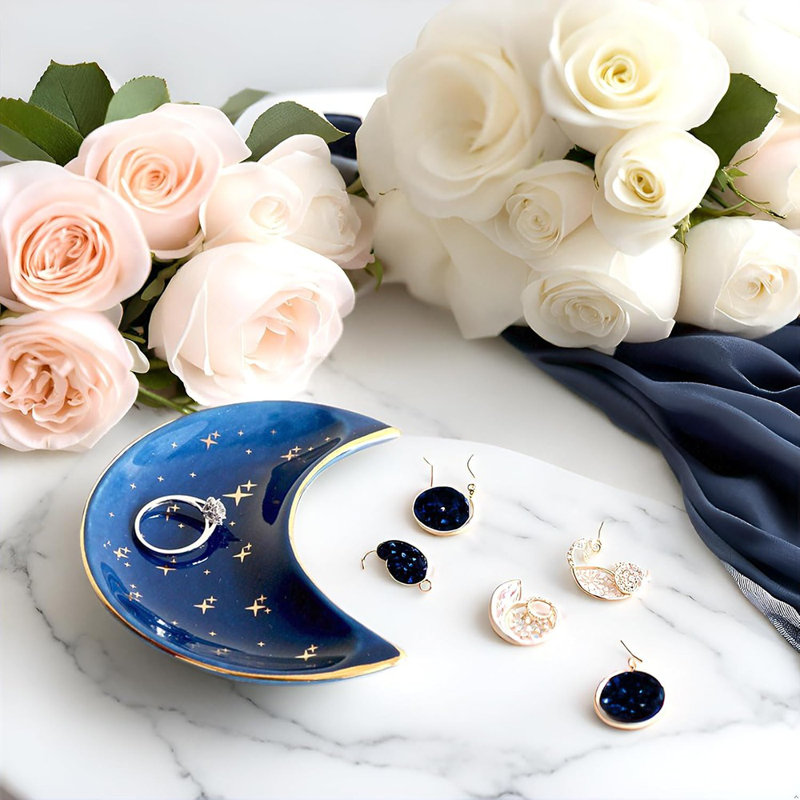 Small Moon Jewelry Dish, Decorative Ceramic Trinket Tray For Vanity