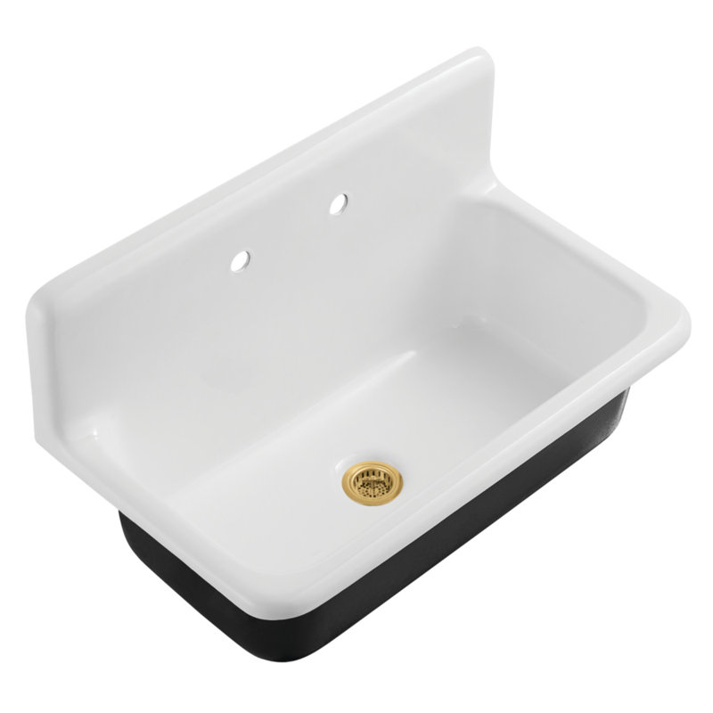 Kingston Brass Petra Galley Cast Iron Single Bowl Wall Mount Kitchen Sink With 2-Hole Drain And Strainer, Brushed Brass