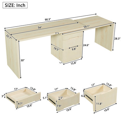 Bureau moderne en L 90 po en bois naturel avec 3 tiroirs, bureau pivotant à 360 ° en bois, bureau de direction, bureau d'angle, bureau d'étude, pour le bureau à domicile ou le salon