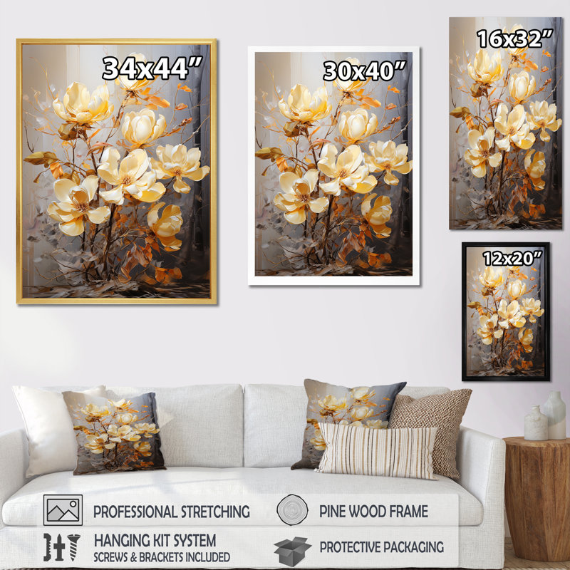 Golden Splendor Magnolias sur toile, Cadre photo argenté, H 32 po x l 16 po x P 1 po