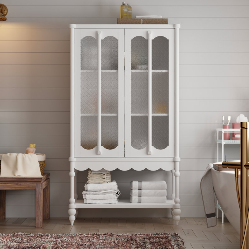 Armoire à linge de salle de bain avec portes en verre trempé de style bégonia et pieds en bois d'hévéa massif