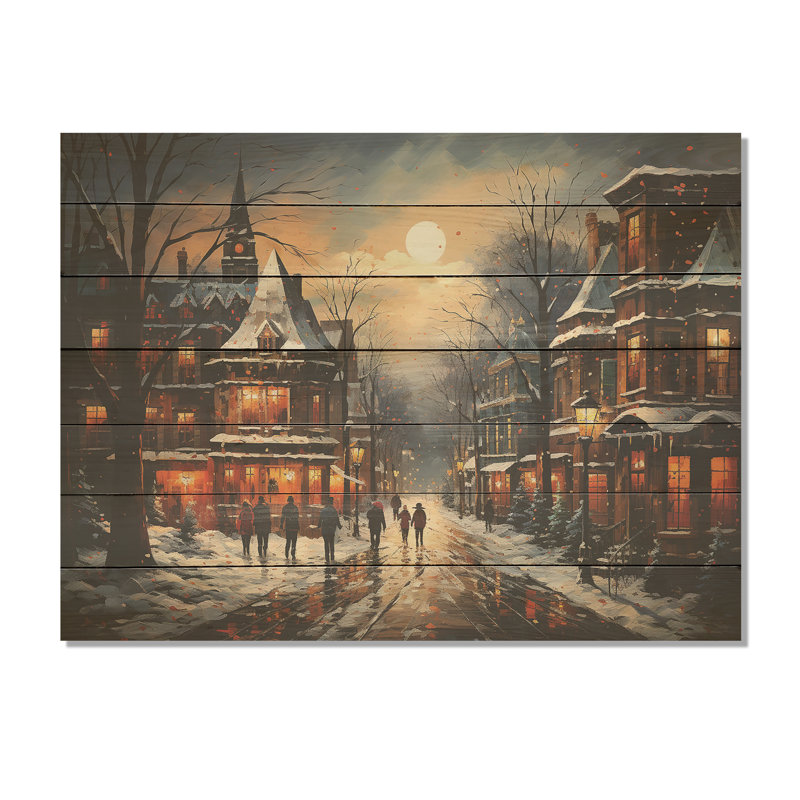 Winter Village In Europe II - Paysage d'hiver sur bois, H 10 po x l 20 po