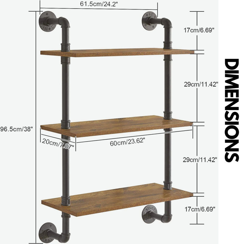 Canica 3 Tier Pipe Floating Shelves Industrial Rustic Brown Home Wall Décor