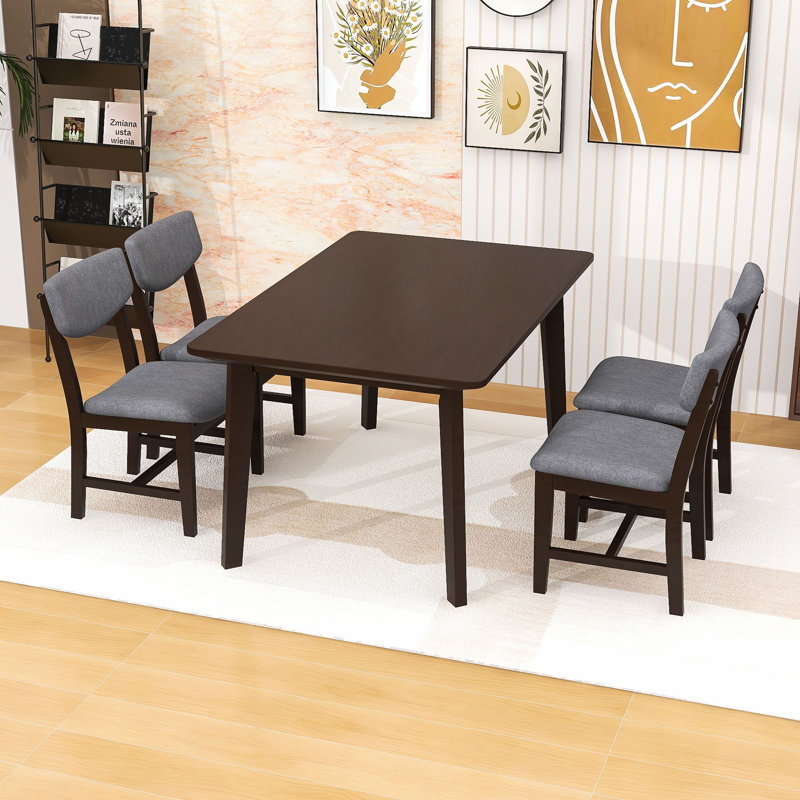 Ensemble de table de salle à manger 5 pièces, table rectangulaire avec pieds en bois massif et chaises rembourrées, Espresso