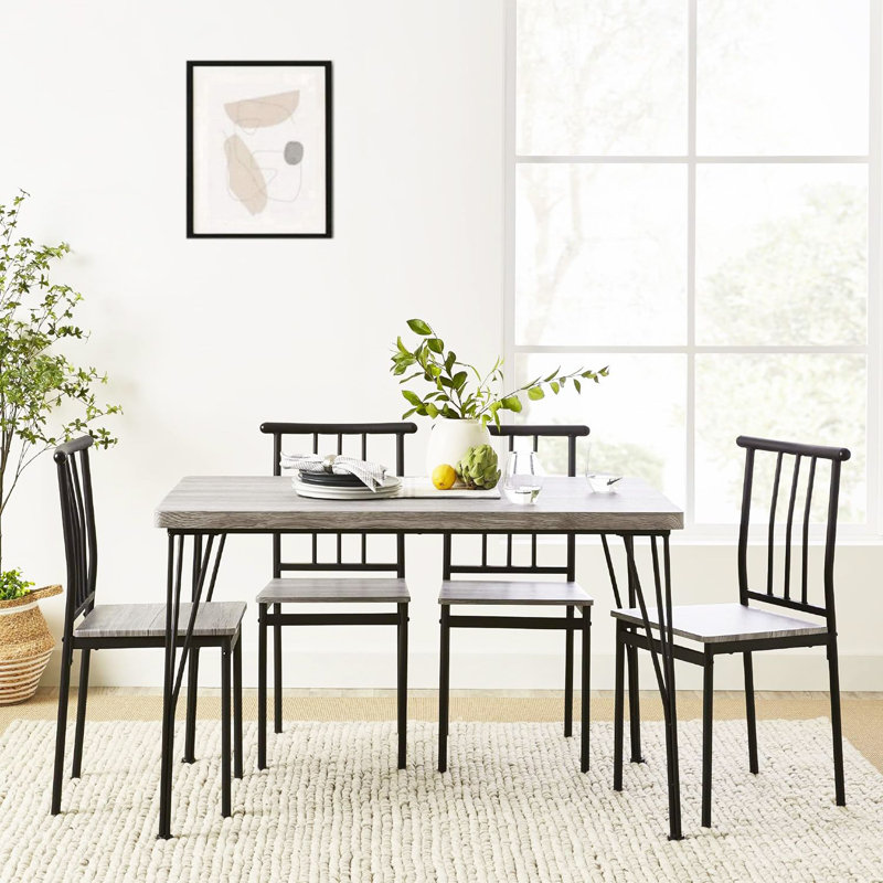 Gray Metal and Wood 5-Piece Rectangular Dining Set with 4 Chairs