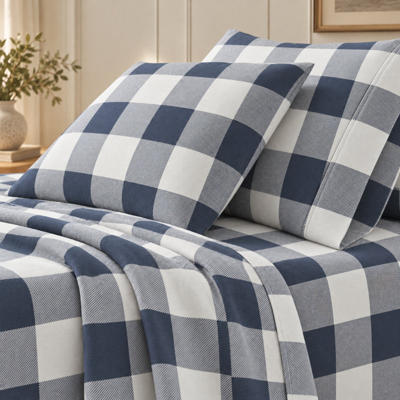 Ensemble de draps 100% flanelle de coton, Grand avec deux taies d'oreiller, Buffalo Check - Navy