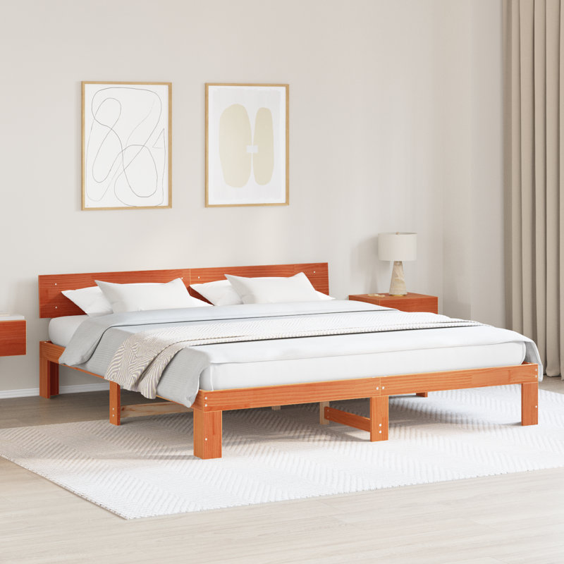Bed Frame With Headboard Wax Brown Solid Pine Wood, Super King (6')