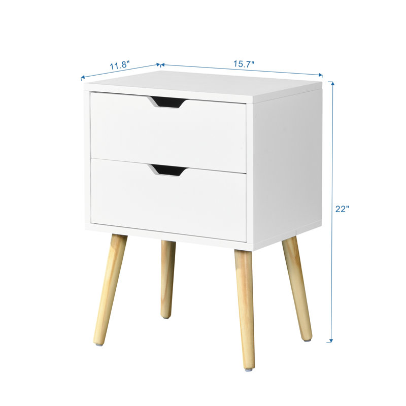 Table d'appoint à 2 tiroirs avec pieds en bois d'hévéa, mobilier de chambre à coucher de style moderne Mid-Century, blanc pour travailler
