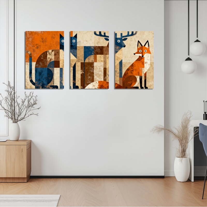 Tableau abstrait d'animaux de la forêt sur toile tendue (lot de 3), H 18 po x l 36 po